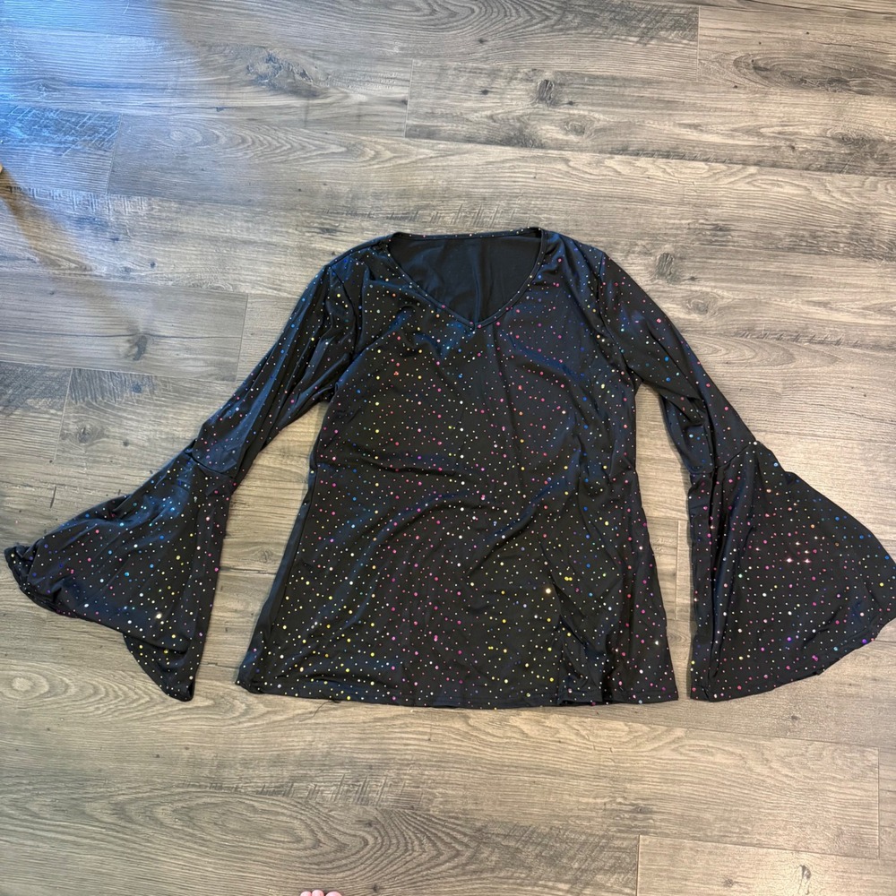 Disco 70s Costume Set Black Multicolor Metallic Bell Sleeve Top Flare Pants XL